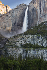 Fototapeta na wymiar Yosemite Falls from the Yosemite Valley, Yosemite National Park, California, USA. Summer season in most popular placein america. Sunny day