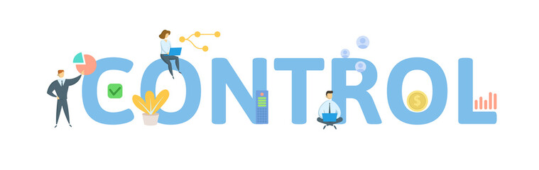 CONTROL. Concept with people, letters and icons. Colored flat vector illustration. Isolated on white background.