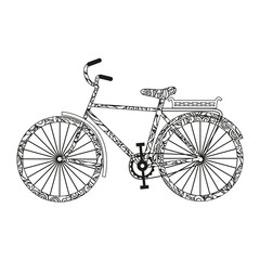 Bike. Color page. Cute  Black and white doodling. Vector isolated on white background.