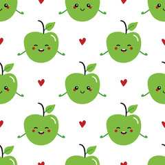 Cute vector seamless pattern background with green apple characters and hearts.