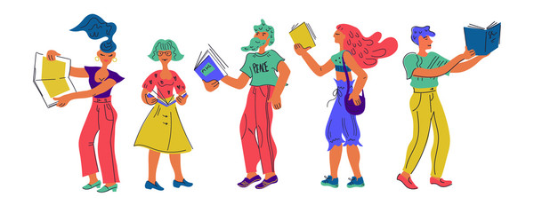 Background for Book day or educational theme with characters of people reading books, vector illustration in doodle style isolated on white. Books and literature festival and store banner.