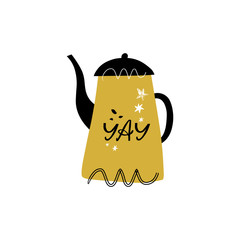 Tea time 5 o'clock concept. Hand drawn vintage print with teapot.