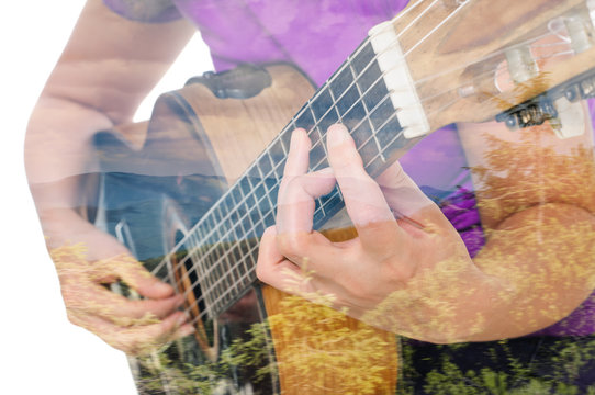 The woman plays an acoustic ckassical guitar close-up, double multiple exposure effect,combined images