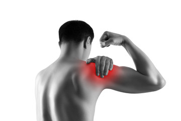 Shoulder pain, ache in a man's body, sports injury concept, isolated on white background