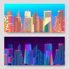 Abstract futuristic city skyscrapers vector, digital cityscapes background banner set. Neon flashing landscape. Colorful dots building in the day and night city.
