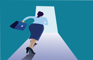 Solution searching. Path to freedom. Businesswoman walking up the stairs to the exit. Business concept illustration.