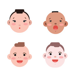 Collection of simple vector illustrations of newborn babies faces of different race and skin color. Baby emoticons illustrated as flat style icons isolated on white