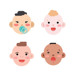 Collection of simple vector illustrations of newborn babies faces of different race and skin color. Baby emoticons illustrated as flat style icons isolated on white