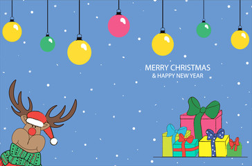 Blue background with Christmas balls, a pile of gifts. snowflakes and greeting inscription. A deer in Santa's hat looks out from around the corner. Vector illustration.