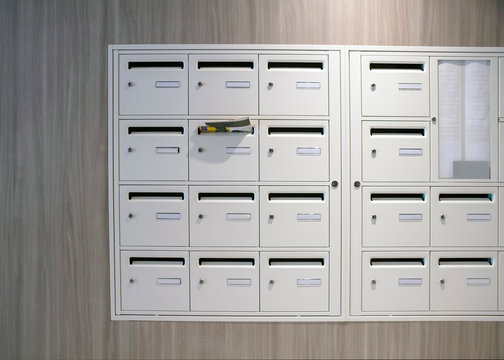 Group of mailboxes in the lobby of a building