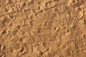 Traces of protectors of shoes, bare feet and gulls on the sand in the rays of the warm sunset sun.