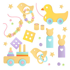 Natural wooden eco toys for babies and toddlers made as cute and simple vector illustrations