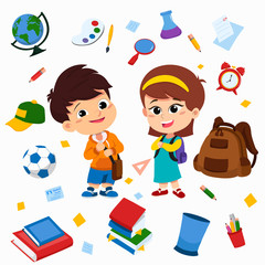 Back to school. Cute kids standing with object school such as pencil , bag,clock,book,globe,ball,glass,bin.