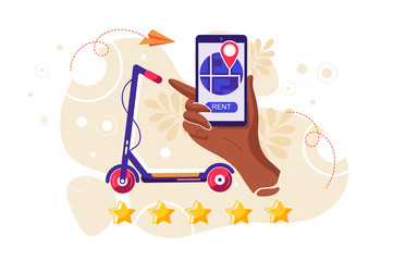 Renting an electric scooter. Hand holding a mobile phone. Urban transportation. Modern technologies. Millennial lifestyle. Flat editable vector illustration, clip ar