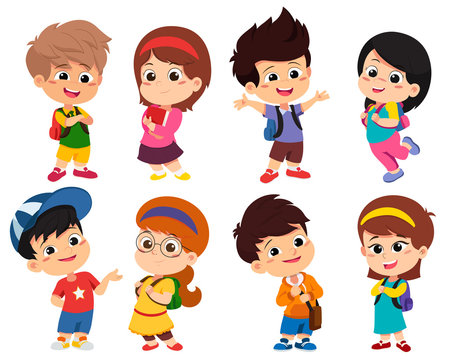 Back to school. Cute kids standing with different pose.vector and illustration.