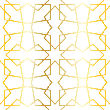 8 (and 4) Fold Golden Islamic Geometric Pattern Seamless Repeat Vector Pattern Swatch.  Triangle and Polygon Line Pattern.  Gold lines on white background. Arab, Muslim, Ramadan, Moroccan.