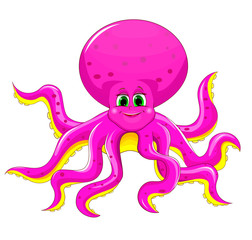 Joyful pink octopus. Cartoon octopus pink on a white background
