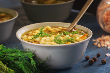 Chicken Noodle Clear Soup Bowl Closeup Hot Lunch