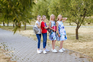 Group of schoolchildren twins laughing and embracing