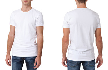 Shirt design and people concept - close up of young man in blank white t-shirt isolated.