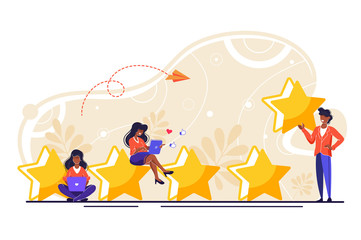 vector illustration on white background. the best estimate of performance, the score of five points. people leave feedback and comments, successful work is the highest score