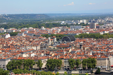 Fototapeta na wymiar Panoramic view with many houses of Lyon city in France from the