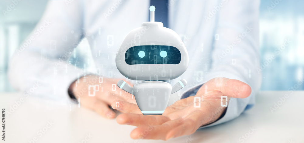 Poster businessman holding chatbot with binary code 3d rendering