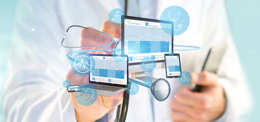 Doctor holding Devices with medical icon and stethoscope 3d rendering