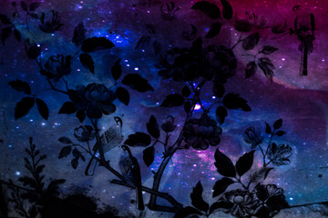 Fototapeta na wymiar Beautiful abstract tree and flowers on the colorful pink blue purple and the solar system planets background and wallpaper
