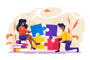Business concept. Team metaphor. people connecting puzzle elements. Vector illustration flat design style. Symbol of teamwork, cooperation, partnership.