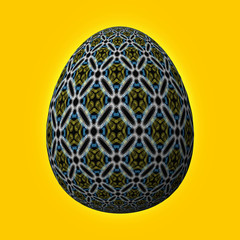 Happy Easter - Frohe Ostern, Artfully designed and colorful easter egg, 3D illustration on yellow background