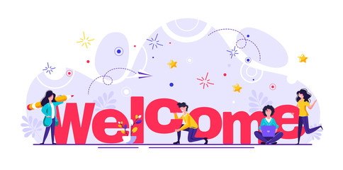Concept new team member, welcome word, people celebrate, for web page, banner, presentation, social media, documents, cards, posters. meeting, greeting concept Vector illustration