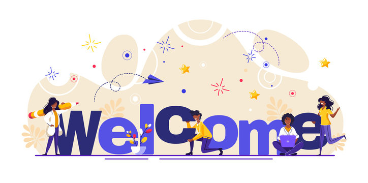 Concept new team member, welcome word, people celebrate, for web page, banner, presentation, social media, documents, cards, posters. meeting, greeting concept Vector illustration