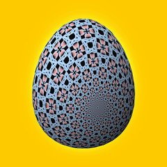 Happy Easter - Frohe Ostern, Artfully designed and colorful easter egg, 3D illustration on yellow background