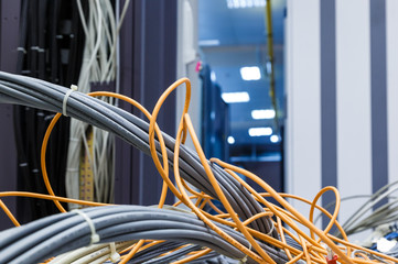 Electrical wire or Lan network wiring with support under raised floor. construction of data center