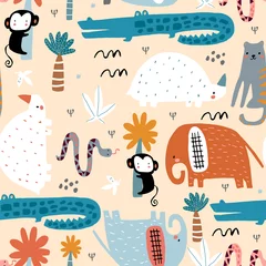 Gordijnen Naadloos kinderachtig patroon met Afrikaanse dieren. Creatieve Scandinavische stijl kinderen textuur voor stof, verpakking, textiel, behang, kleding. vector illustratie © solodkayamari