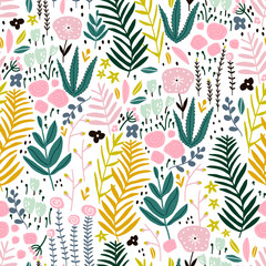 Seamless pattern with flowers, branch, leaves. Creative floral texture. Great for fabric, textile Vector Illustration