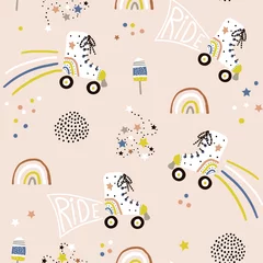 Behang Naadloos kinderachtig patroon met kleurrijke rolschaatsen. Creatieve Scandinavische stijl kinderen textuur voor stof, verpakking, textiel, behang, kleding. vector illustratie © solodkayamari