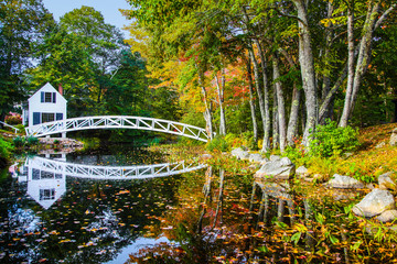 White footbridge reflecting on the water among the colorful autumn foliage