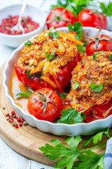 Peppers stuffed with meat and vegetables close up.