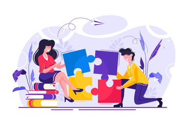 Business concept. Team metaphor. people connecting puzzle elements. Vector illustration flat design style. Symbol of teamwork, cooperation, partnership.
