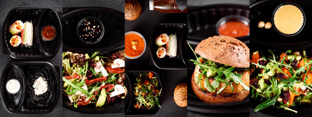 Collage Vegetarian Delivery. Delivery vegan burger, vegetable rolls, vegetables, salads and pasta in expensive black box with sauces. Vegetarian dishes.