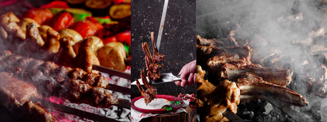 Meat collage of beef ribs. meat on a grill, beef ribs on a skewer and veal ribs on a grill. close up. dark background