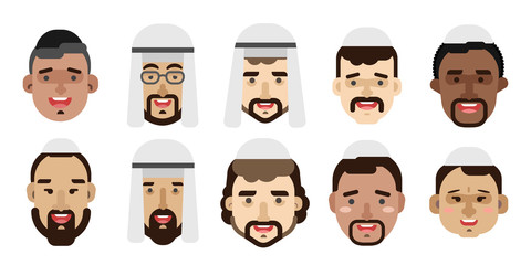 Collection of simple vector illustrations of multiracial and multicultural face avatars. People of different race and nationlities illustrated as characters