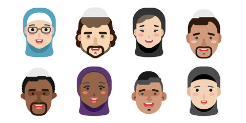 Collection of simple vector illustrations of multiracial and multicultural face avatars. People of different race and nationlities illustrated as characters