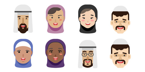 Collection of simple vector illustrations of multiracial and multicultural face avatars. People of different race and nationlities illustrated as characters