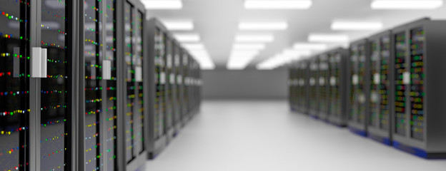 Server room data center. Backup, hosting, mainframe, farm and computer rack with storage information.  - obrazy, fototapety, plakaty