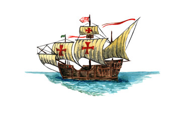 map of America, the Caravel of Christopher Columbus, the North American settler