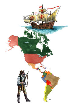 map of America, the Caravel of Christopher Columbus, the North American settler