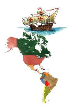 map of America, the Caravel of Christopher Columbus, the North American settler